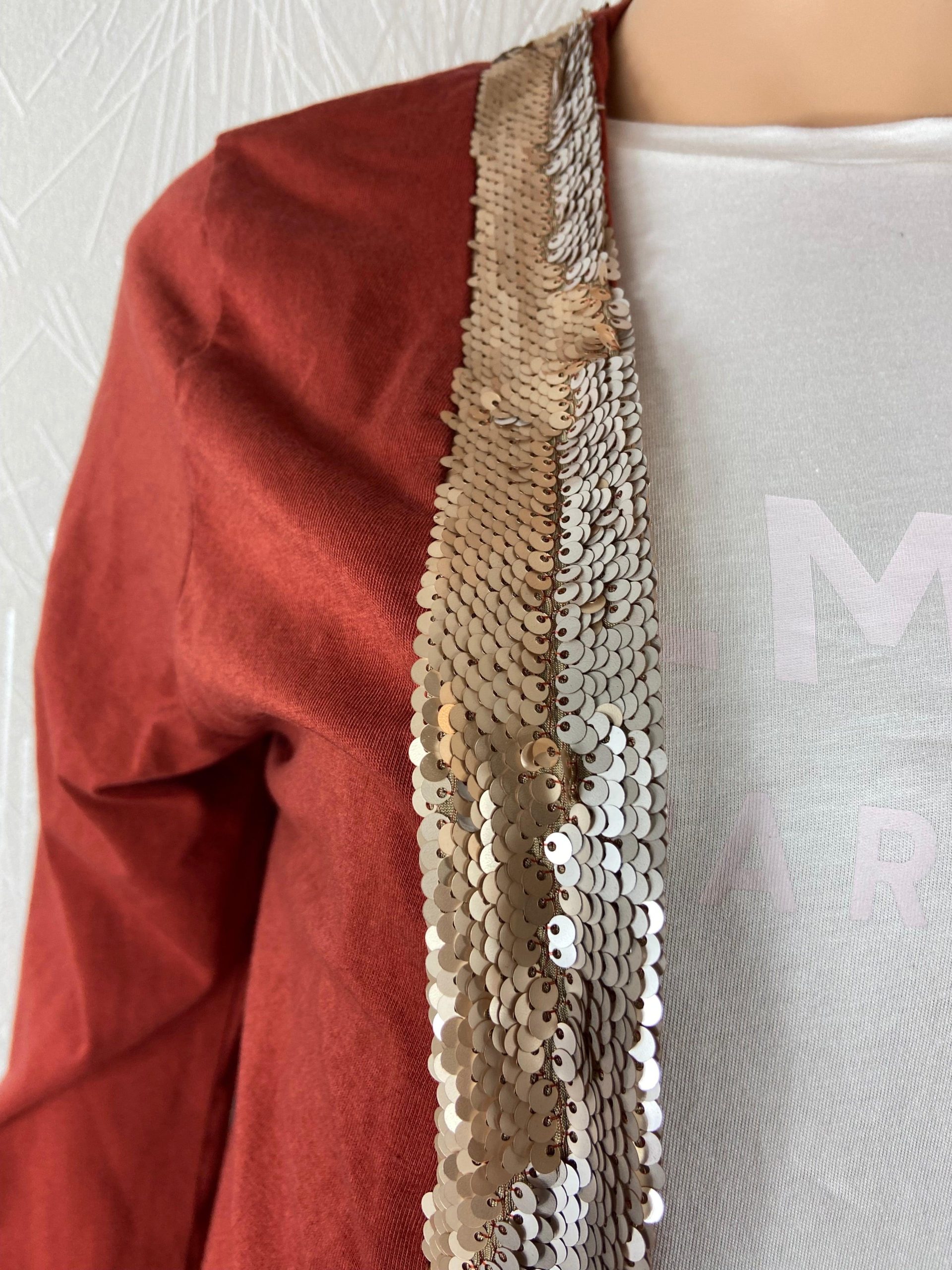 Gilet femme coton brun rouille sequins dorés coupe ample New Line – Image 3