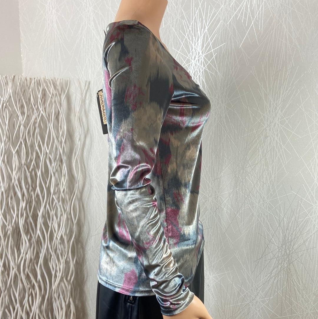Blouse velours tons gris rose avec plis Maliparmi – Image 4