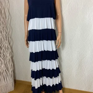Robe longue bleu marine et blanc volants bretelles Edmond Boublil
