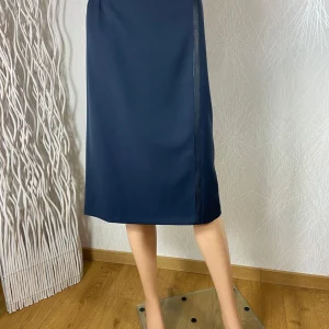 Jupe droite taille haute bleu marine fabrication française Gévana