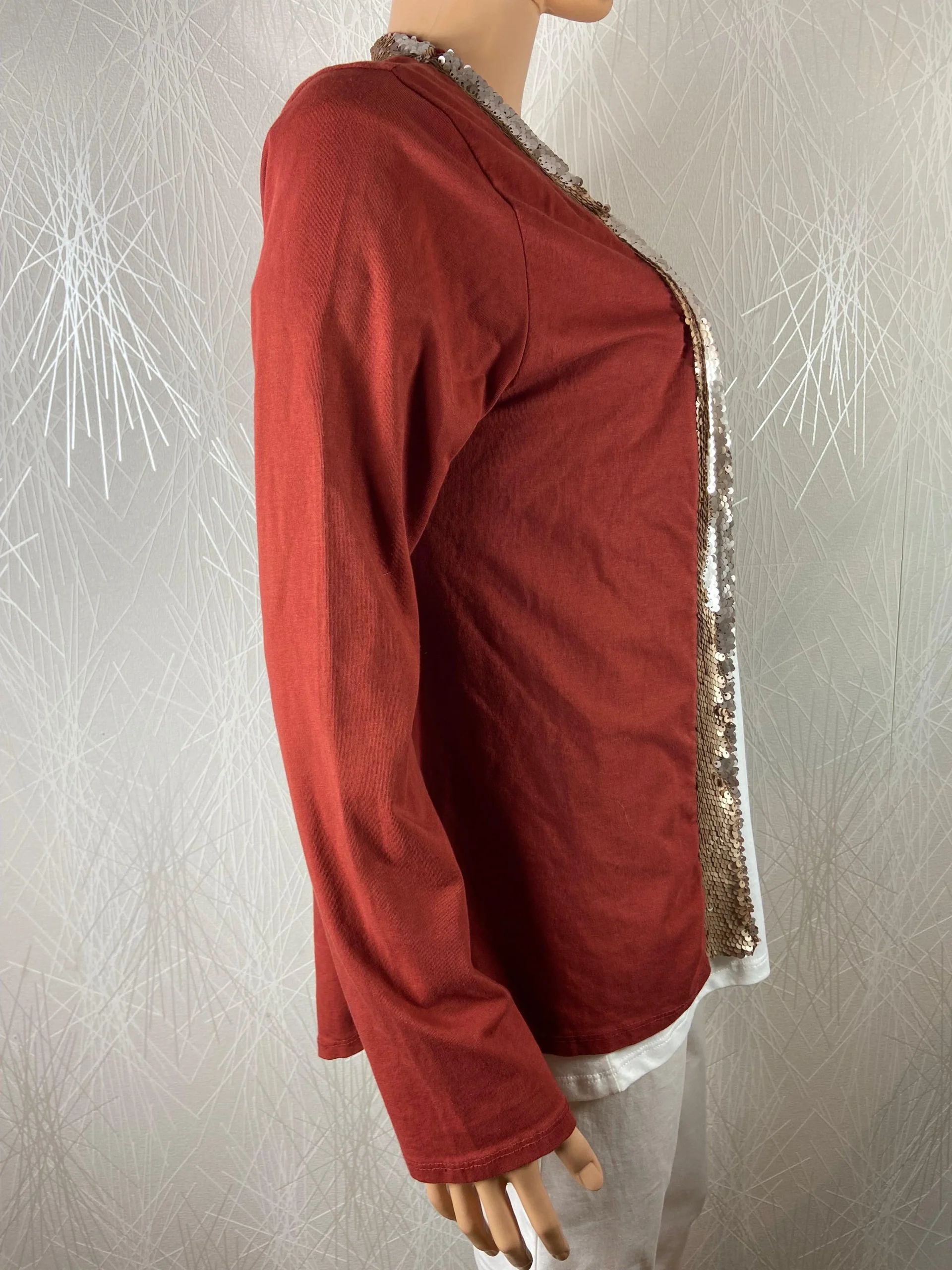 Gilet femme coton brun rouille sequins dorés coupe ample New Line – Image 4