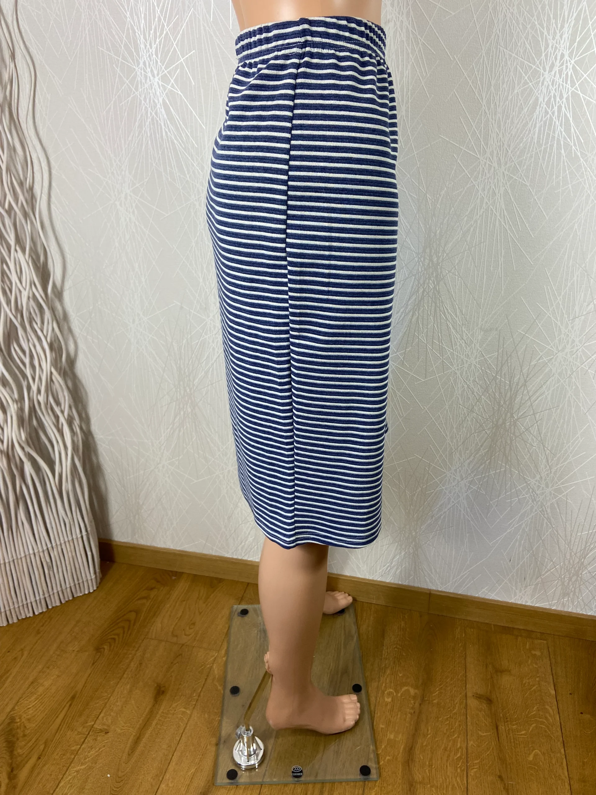 Jupe midi coton bleu rayures blanches taille haute élastique Edmond Boublil – Image 4