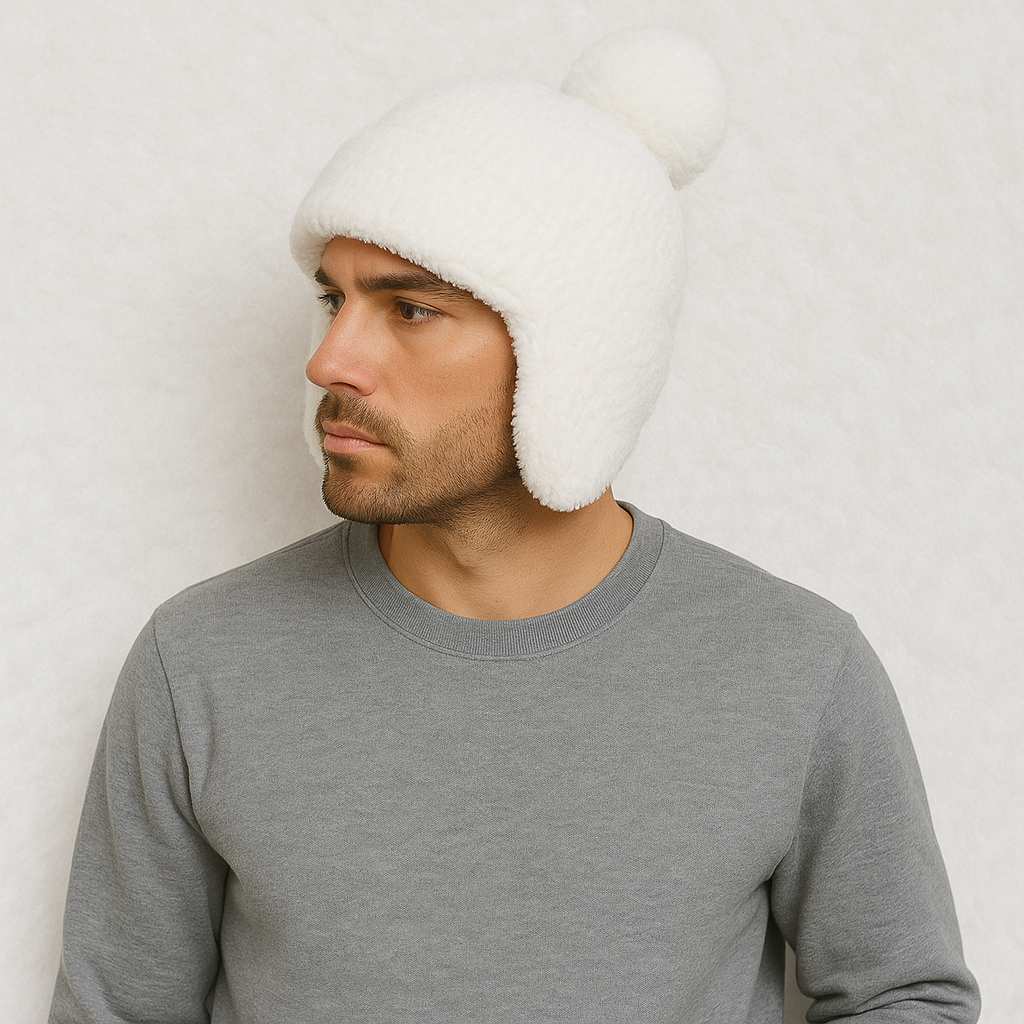 Bonnet Cache Oreille Blanc avec Pompon ! – Image 3