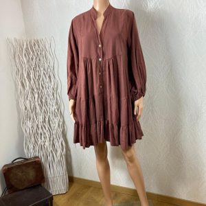 Robe courte marron uni manches longues plis Made In Italy