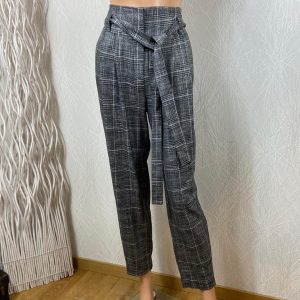 Pantalon taille haute à carreaux noir et gris Morgan