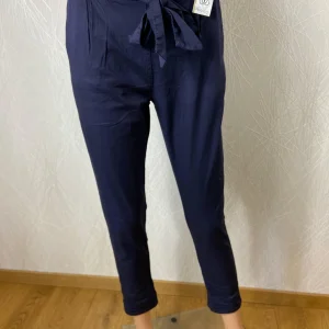 Pantalon coton léger bleu marine taille mi-haute élastique flot Made In Italy