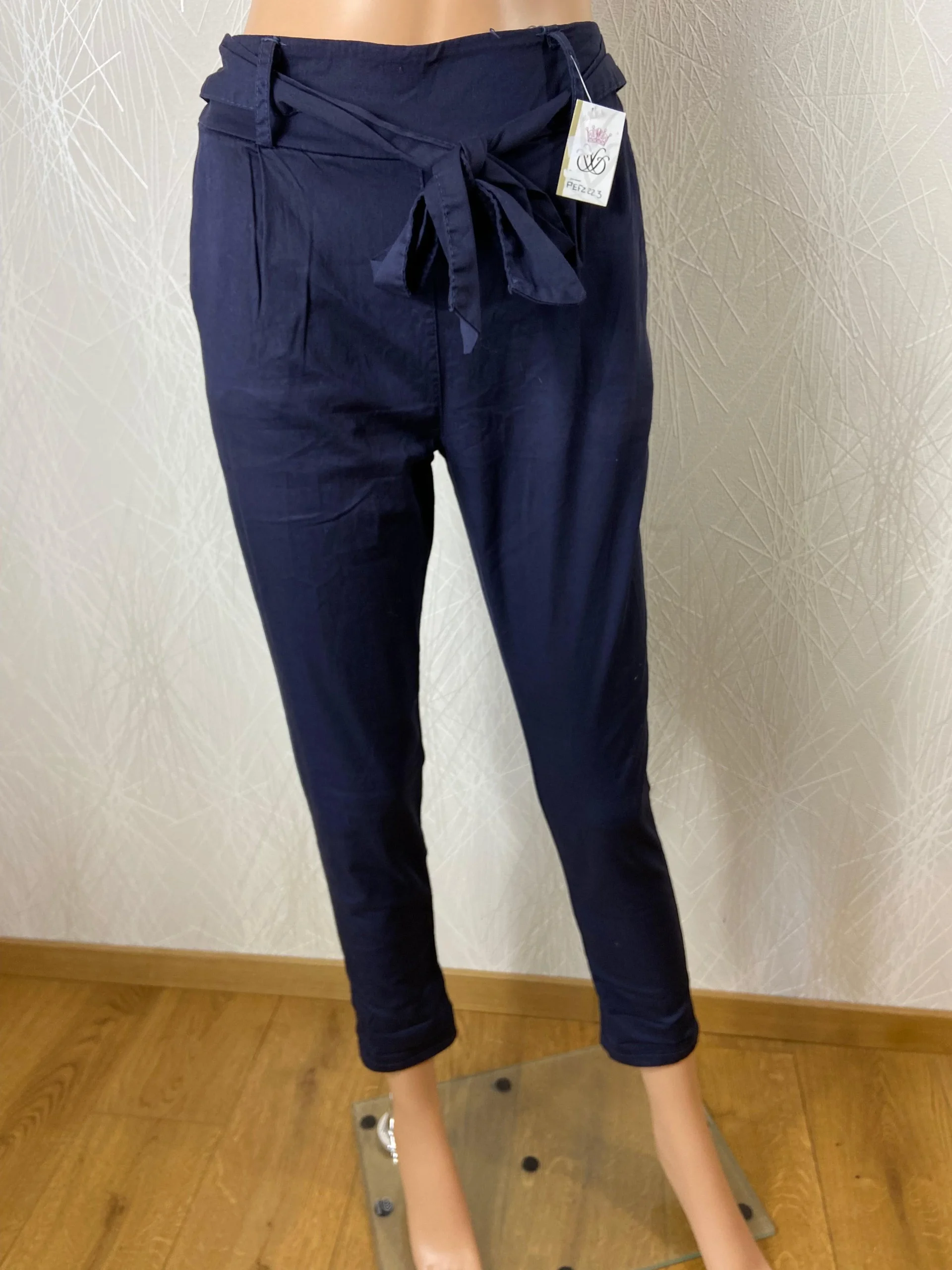 Pantalon coton léger bleu marine taille mi-haute élastique flot Made In Italy – Image 2