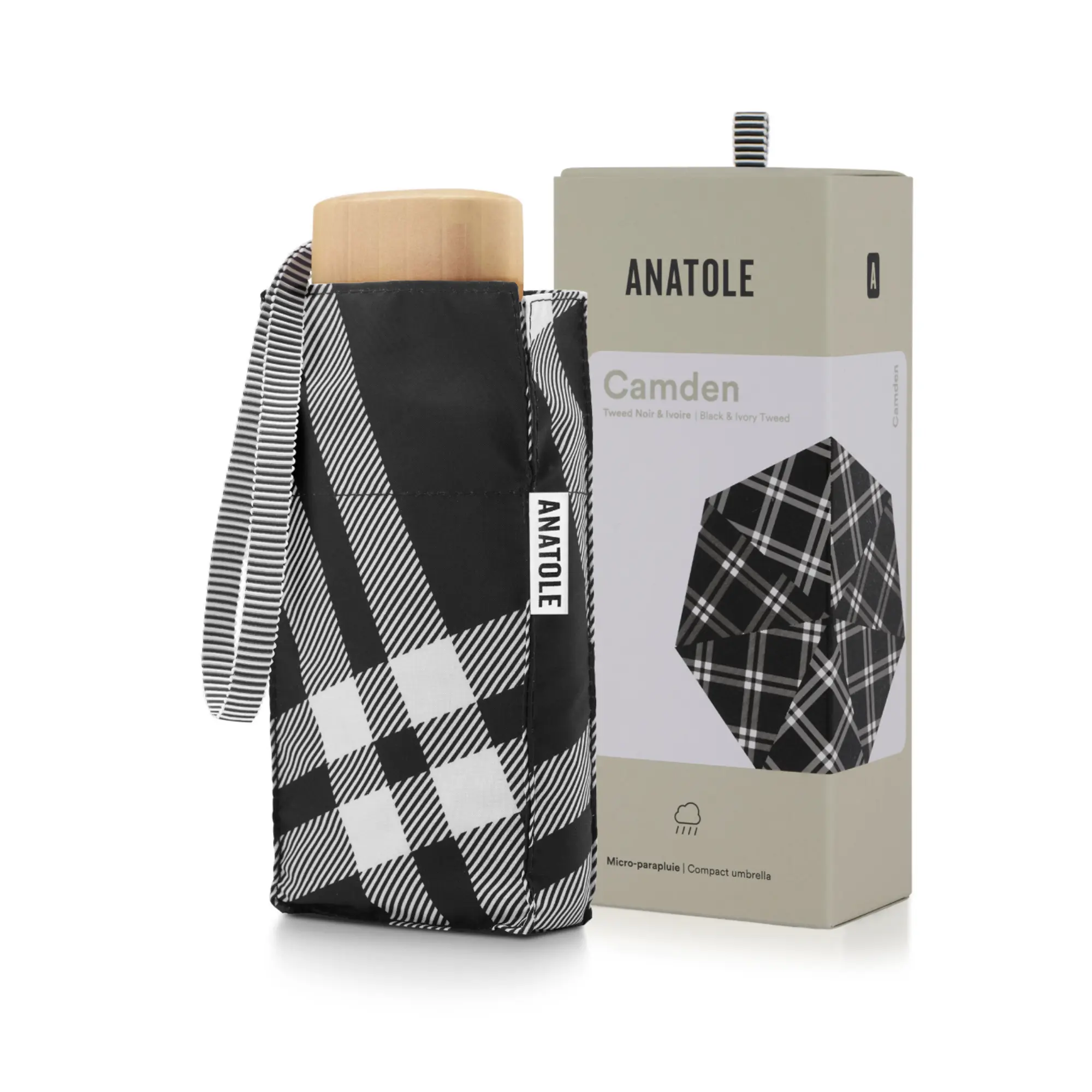 MINI PARAPLUIE - CARREAUX TWEED NOIR - CAMDEN